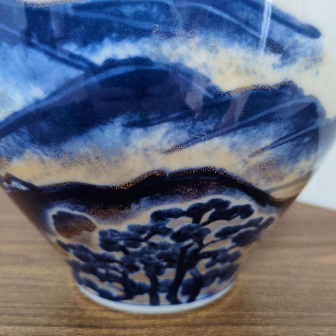 山本長左 作/黎明/藍九谷純金加彩手吉祥文花瓶/花器/華道具