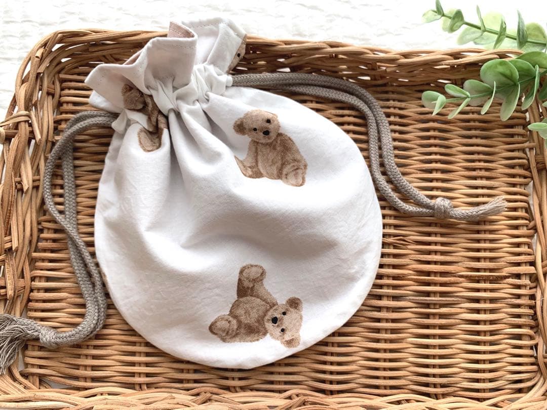 JIM★SALE★ハンドメイド✳︎丸型巾着　テディベア　ホワイト　コップ袋