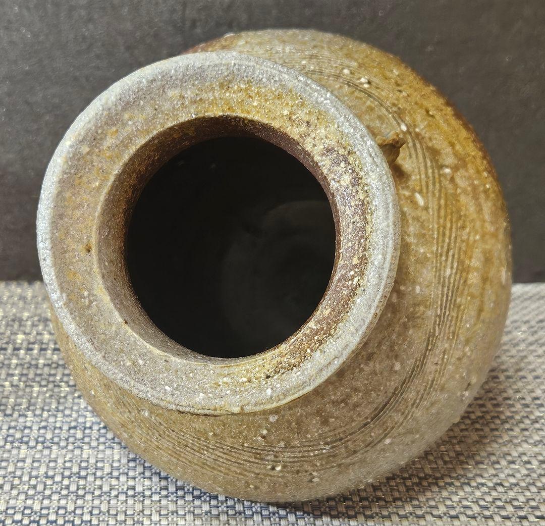 常滑焼　竹内嘉彦 作　南蛮手　櫛目双耳壺　共箱　共布　陶歴付　茶道具茶器　花入れ