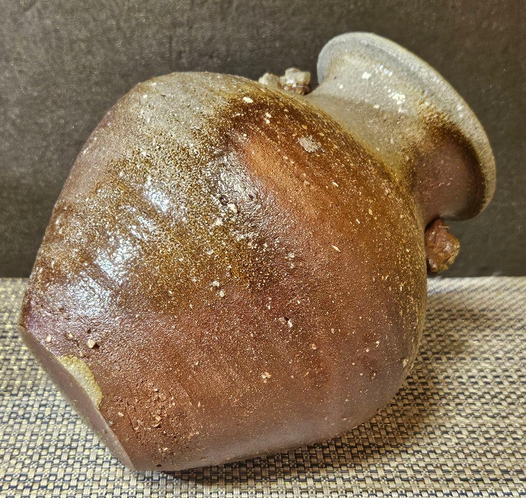 常滑焼　竹内嘉彦 作　南蛮手　櫛目双耳壺　共箱　共布　陶歴付　茶道具茶器　花入れ