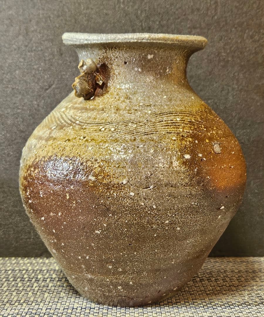 常滑焼　竹内嘉彦 作　南蛮手　櫛目双耳壺　共箱　共布　陶歴付　茶道具茶器　花入れ