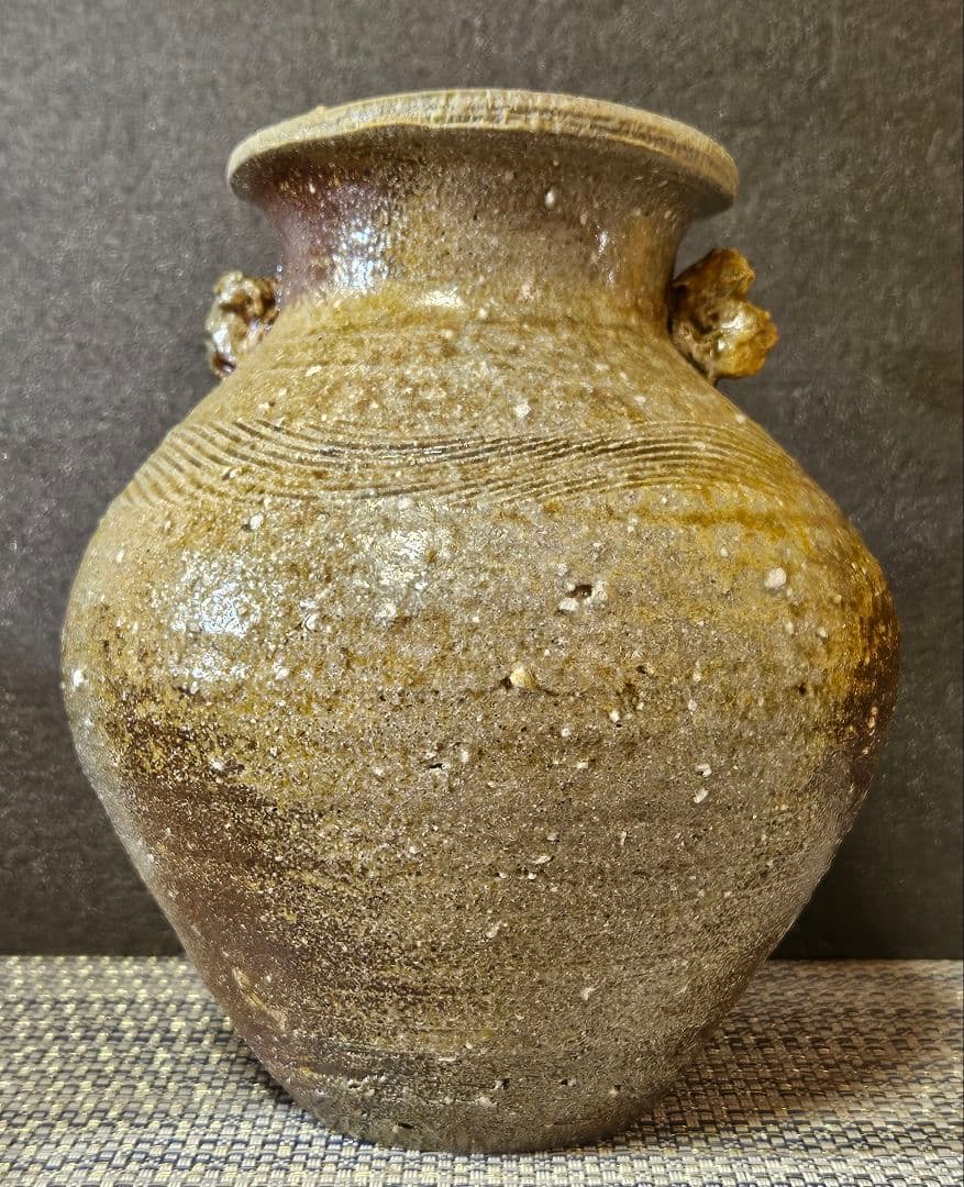 常滑焼　竹内嘉彦 作　南蛮手　櫛目双耳壺　共箱　共布　陶歴付　茶道具茶器　花入れ