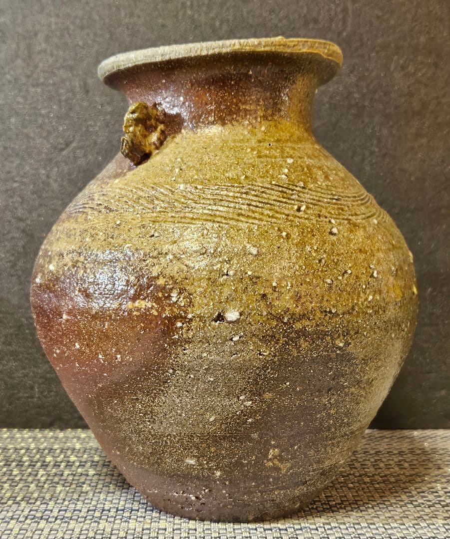 常滑焼　竹内嘉彦 作　南蛮手　櫛目双耳壺　共箱　共布　陶歴付　茶道具茶器　花入れ