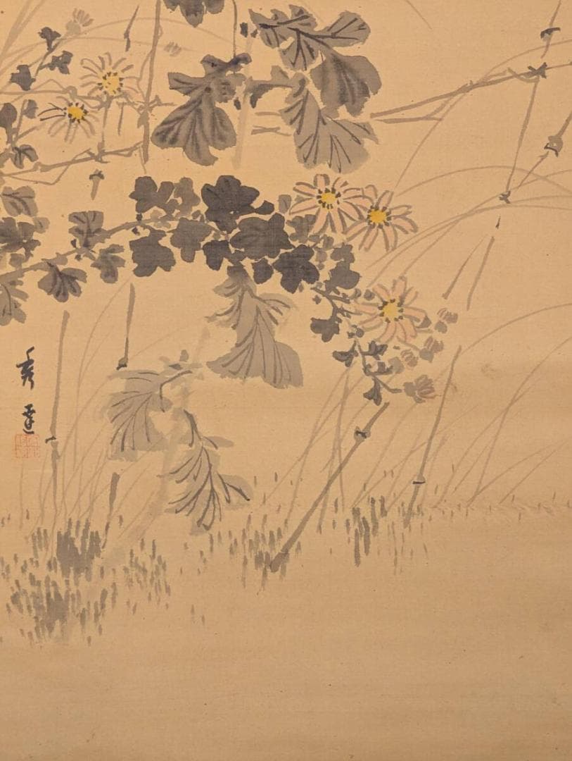 【真作】掛軸　秋草小禽図　菊花に舞う鳥　優美な筆致の花鳥画　V66