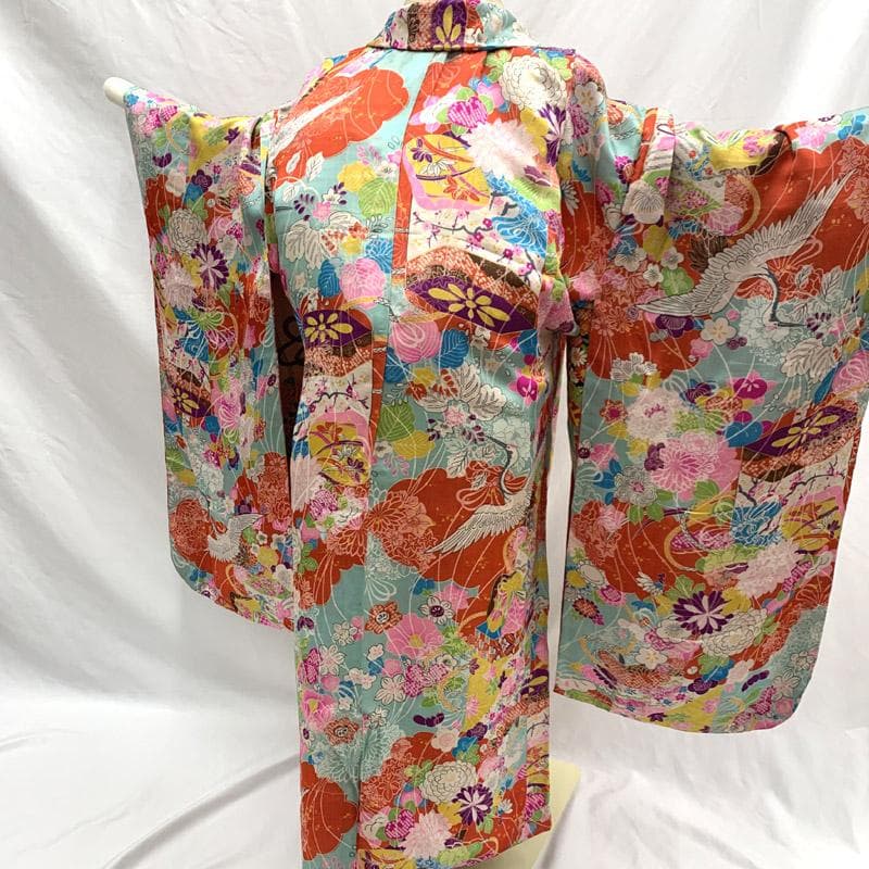 511ag64■七五三 七歳 女児 アンティーク長羽織 鶴 菊 貝桶■状態良好