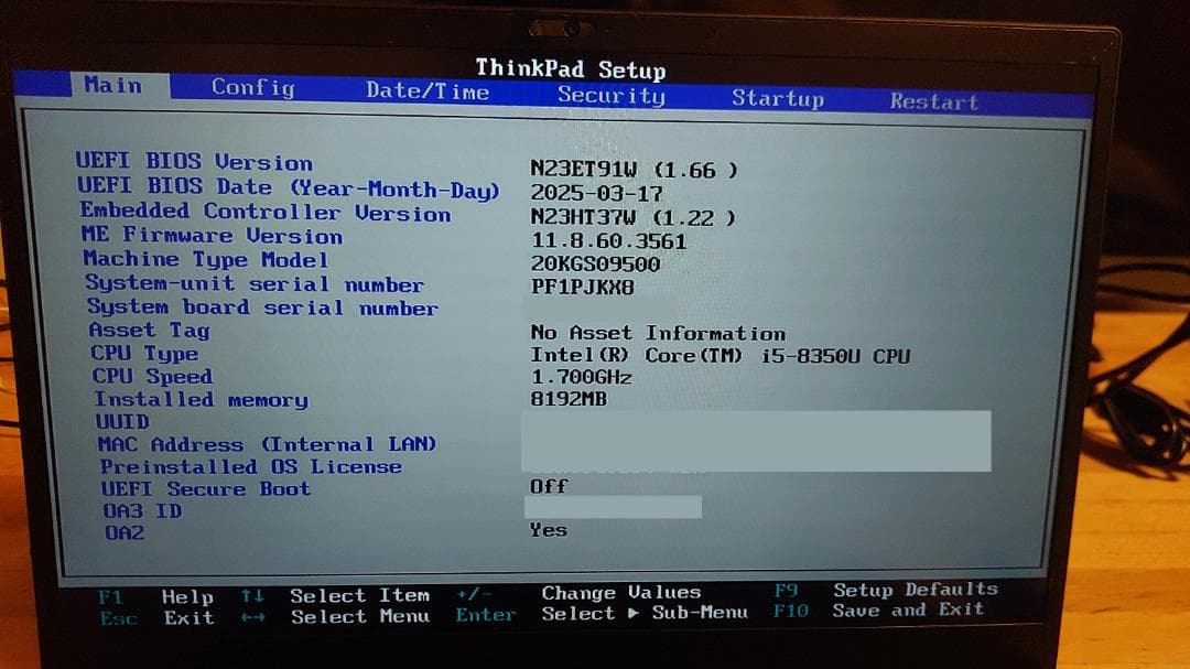 Windowsノート本体 ThinkPad x1 Carbon Gen 6 i5 8350U 8GB