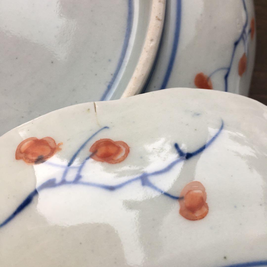 古伊万里　赤絵　富貴長春/ 七寸皿/染錦/金彩　染付/五枚