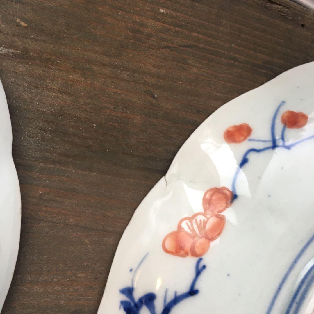 古伊万里　赤絵　富貴長春/ 七寸皿/染錦/金彩　染付/五枚