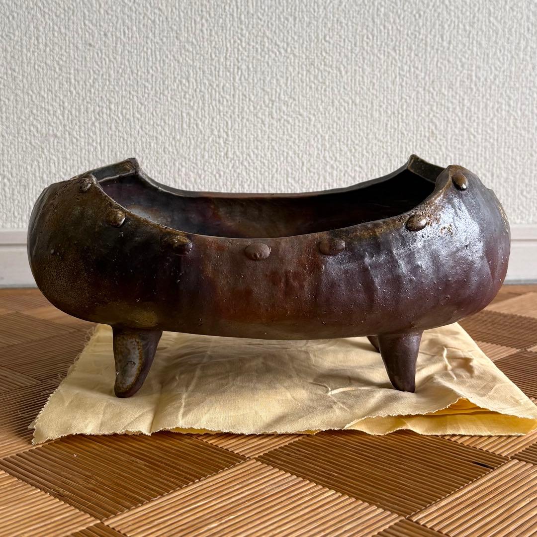 SNT1604 備前焼 小山一草 造 四足 備前水盤 共箱 伝統工芸品