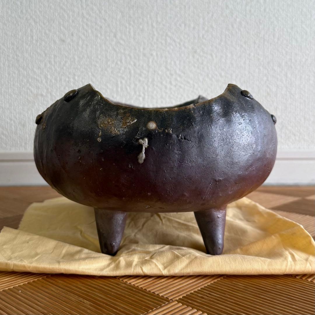 SNT1604 備前焼 小山一草 造 四足 備前水盤 共箱 伝統工芸品