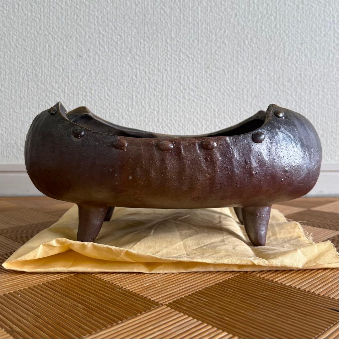 SNT1604 備前焼 小山一草 造 四足 備前水盤 共箱 伝統工芸品