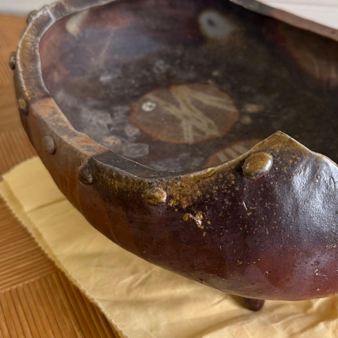 SNT1604 備前焼 小山一草 造 四足 備前水盤 共箱 伝統工芸品