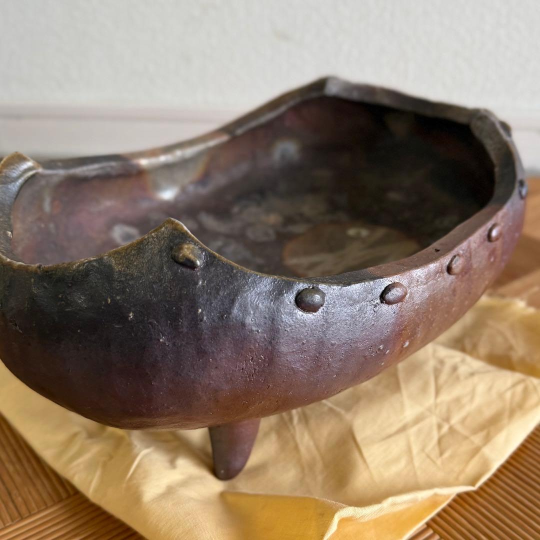 SNT1604 備前焼 小山一草 造 四足 備前水盤 共箱 伝統工芸品