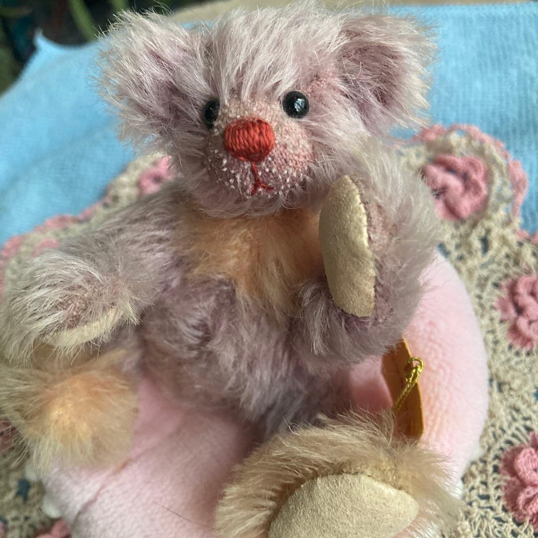 作家製　佐久間さんティディベア 薄パープル　切り替えクマ 一点物　コンパクト