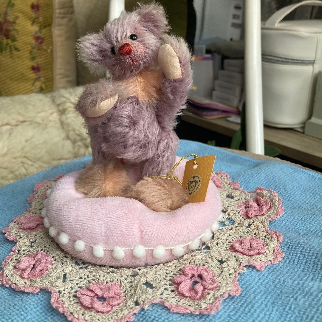 作家製　佐久間さんティディベア 薄パープル　切り替えクマ 一点物　コンパクト