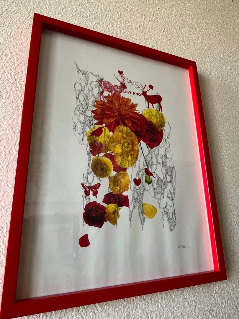 線画　抽象画　鹿　赤