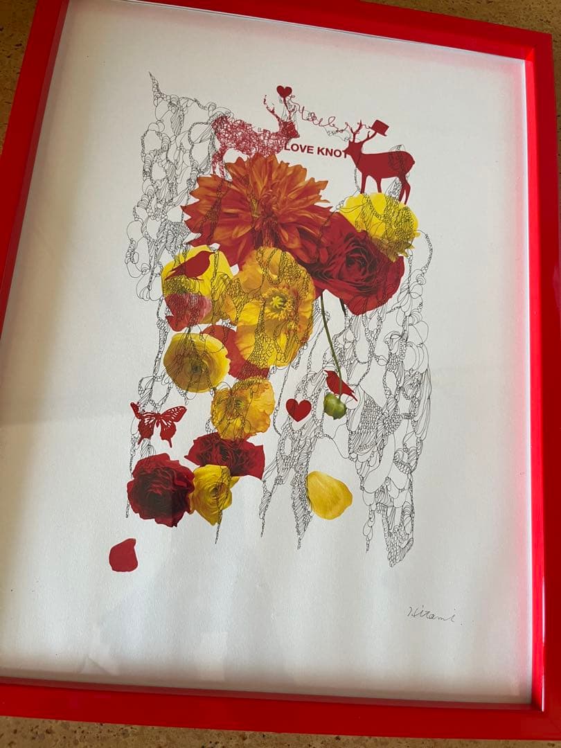 線画　抽象画　鹿　赤