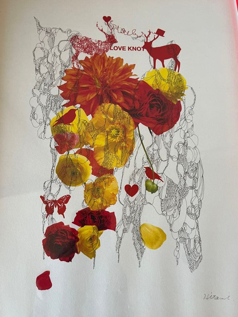 線画　抽象画　鹿　赤