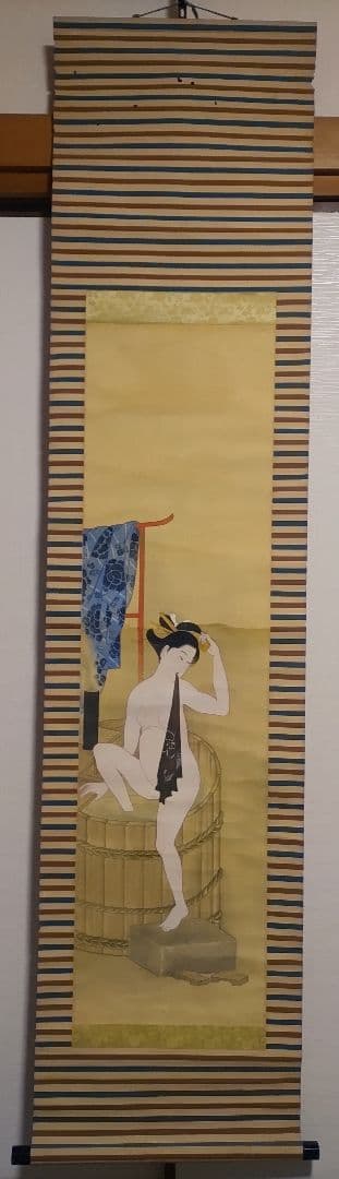 ご希望額まで値下げ～@裸の着物女性 風呂・涼み 肉筆掛軸2本 春画性風俗画