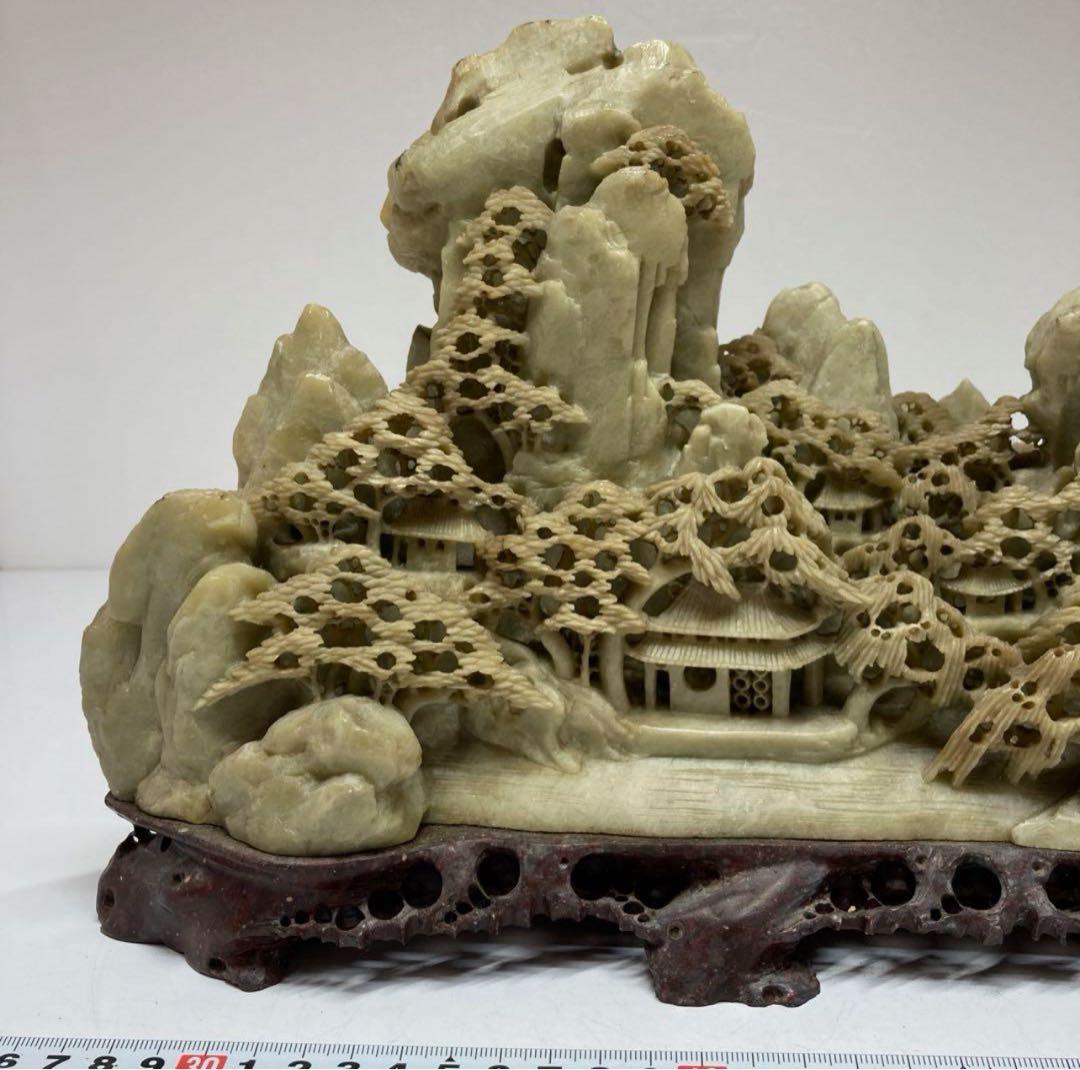 清代 青田石 石製　楼閣山水大サイズ置物　6.4㌔/横幅約40㎝
