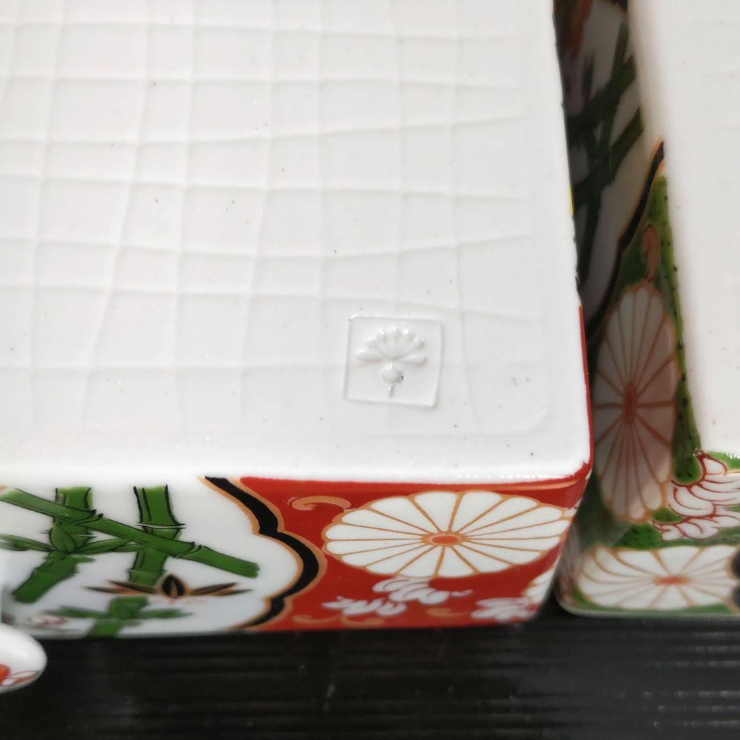 新品　有田焼　古伊万里　手提げ三段重箱　野点遊山箱　色変り中鉢　陶器小物入　箱入