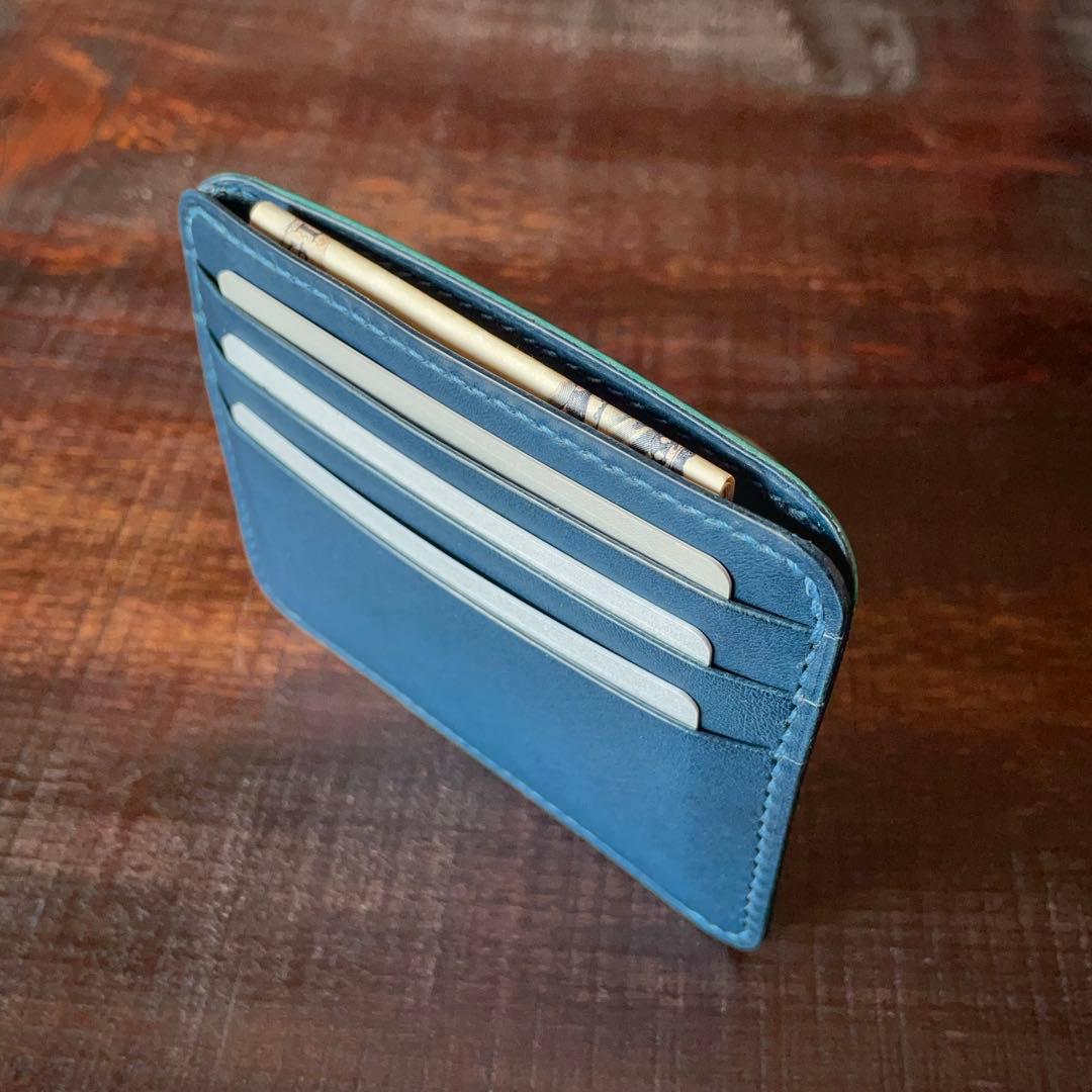 《小銭＆カード／バイカラー》ミニマルレザーウォレット（水色×ブルー）