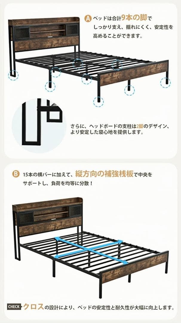 ベッドフレーム【S・シングル】 コンセント・ 宮付き 北欧風 BLACK