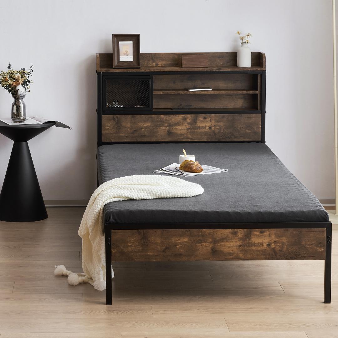 ベッドフレーム【S・シングル】 コンセント・ 宮付き 北欧風 BLACK