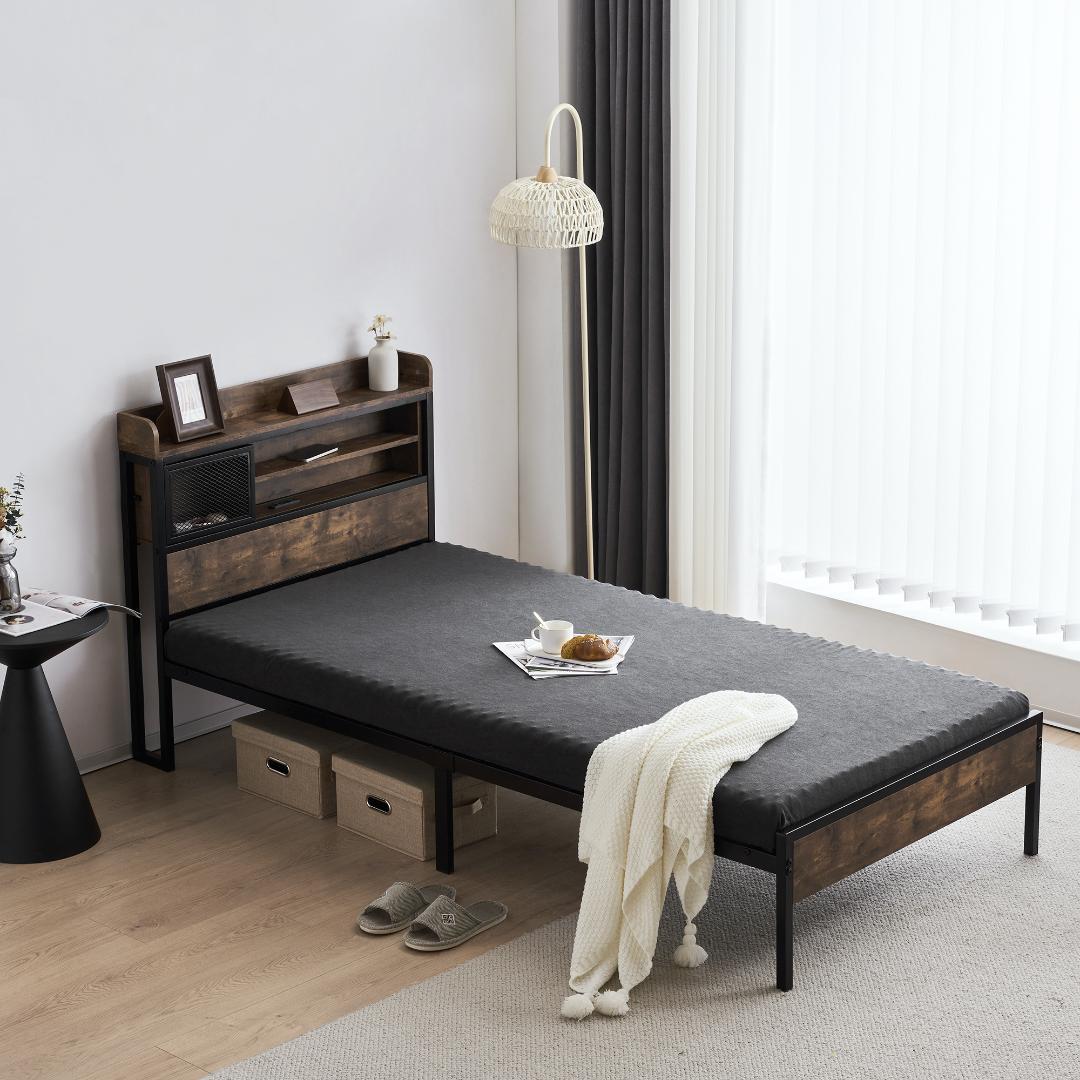 ベッドフレーム【S・シングル】 コンセント・ 宮付き 北欧風 BLACK