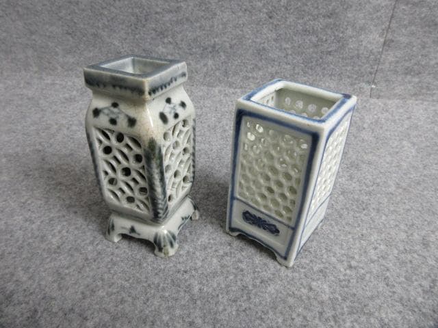 伊万里染付透かし彫り筆立2個 [B28807]