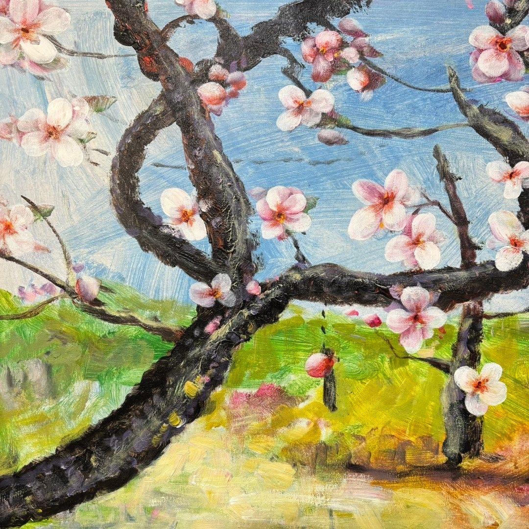 手描き 水彩油画 花木図 周春芽 作品図 中国絵画 約70×100cm 未表装