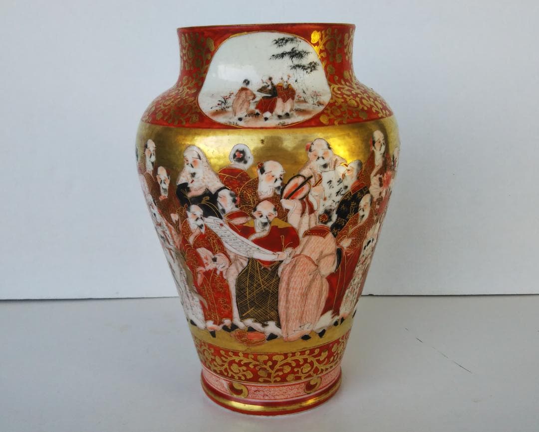 赤丸雪山 金襴手百老図花瓶 明治九谷