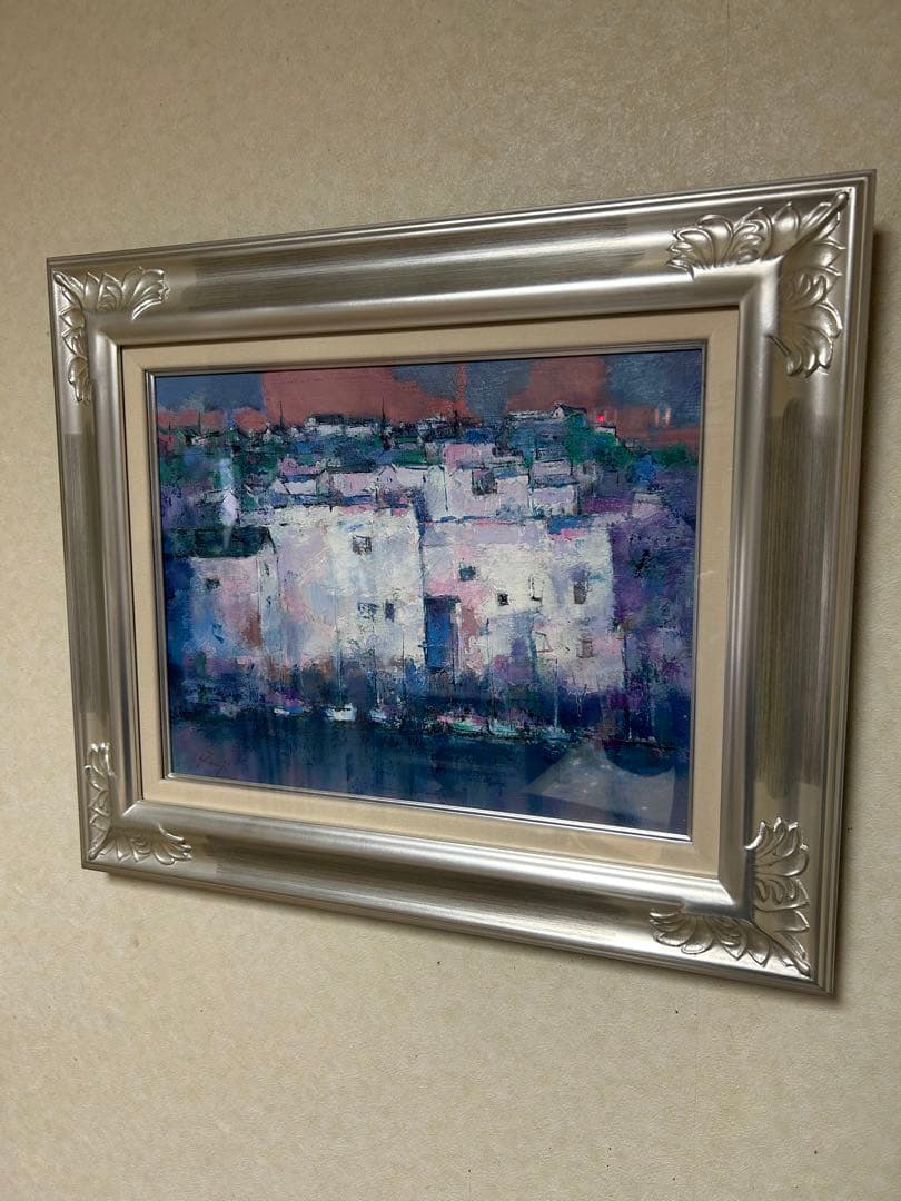 油彩画　藤永正人　[浜辺の街] サイズ6号