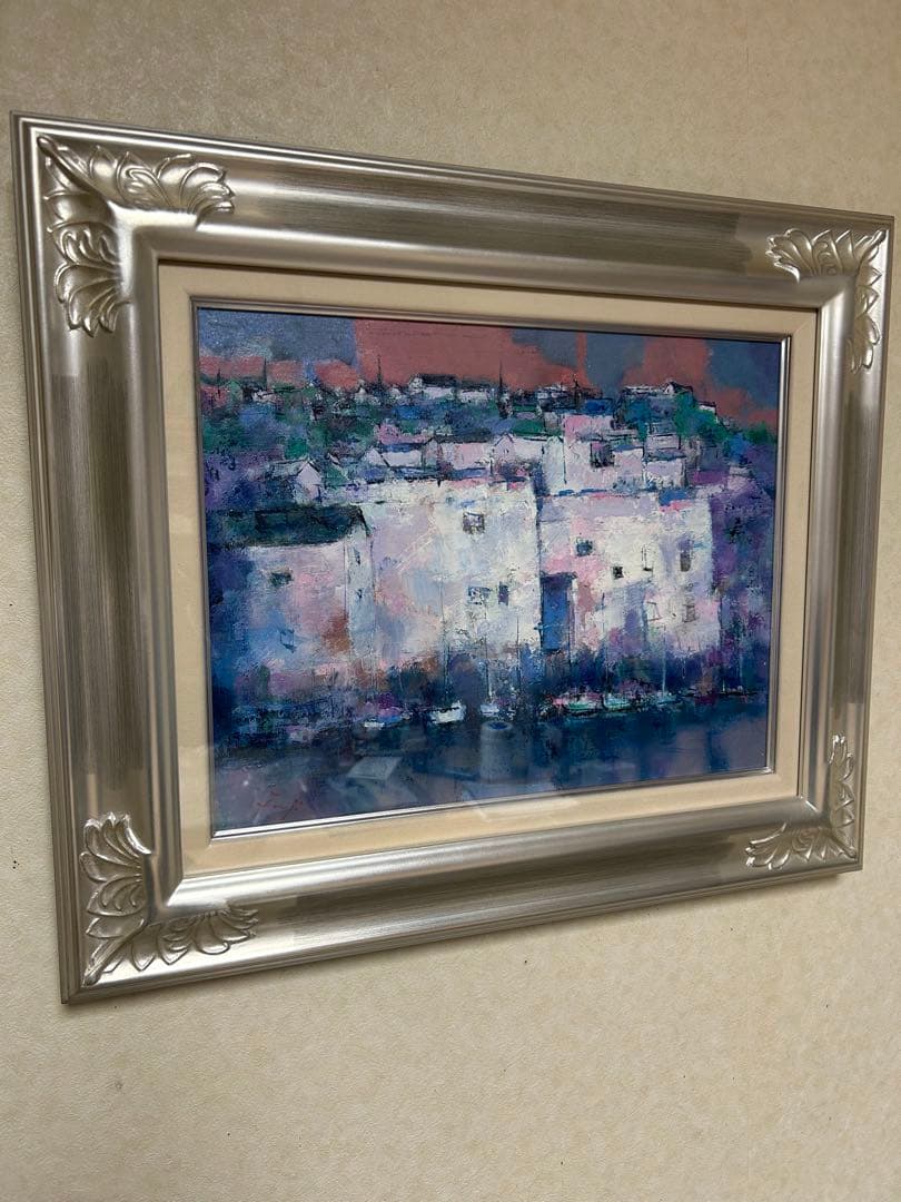 油彩画　藤永正人　[浜辺の街] サイズ6号