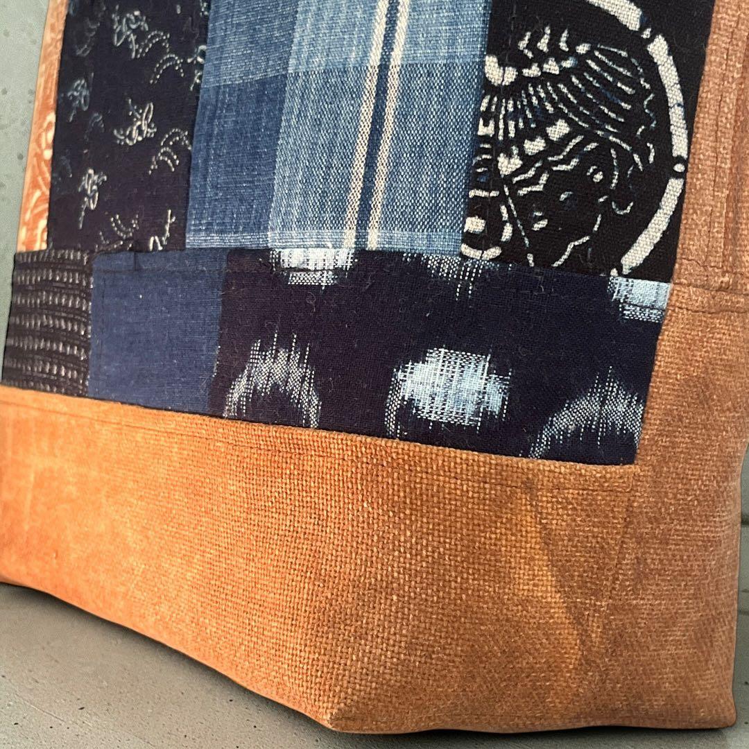 【両面楽し】酒袋×藍染古布のパッチワークトート 絣 型染 ヴィンテージ 和モダン