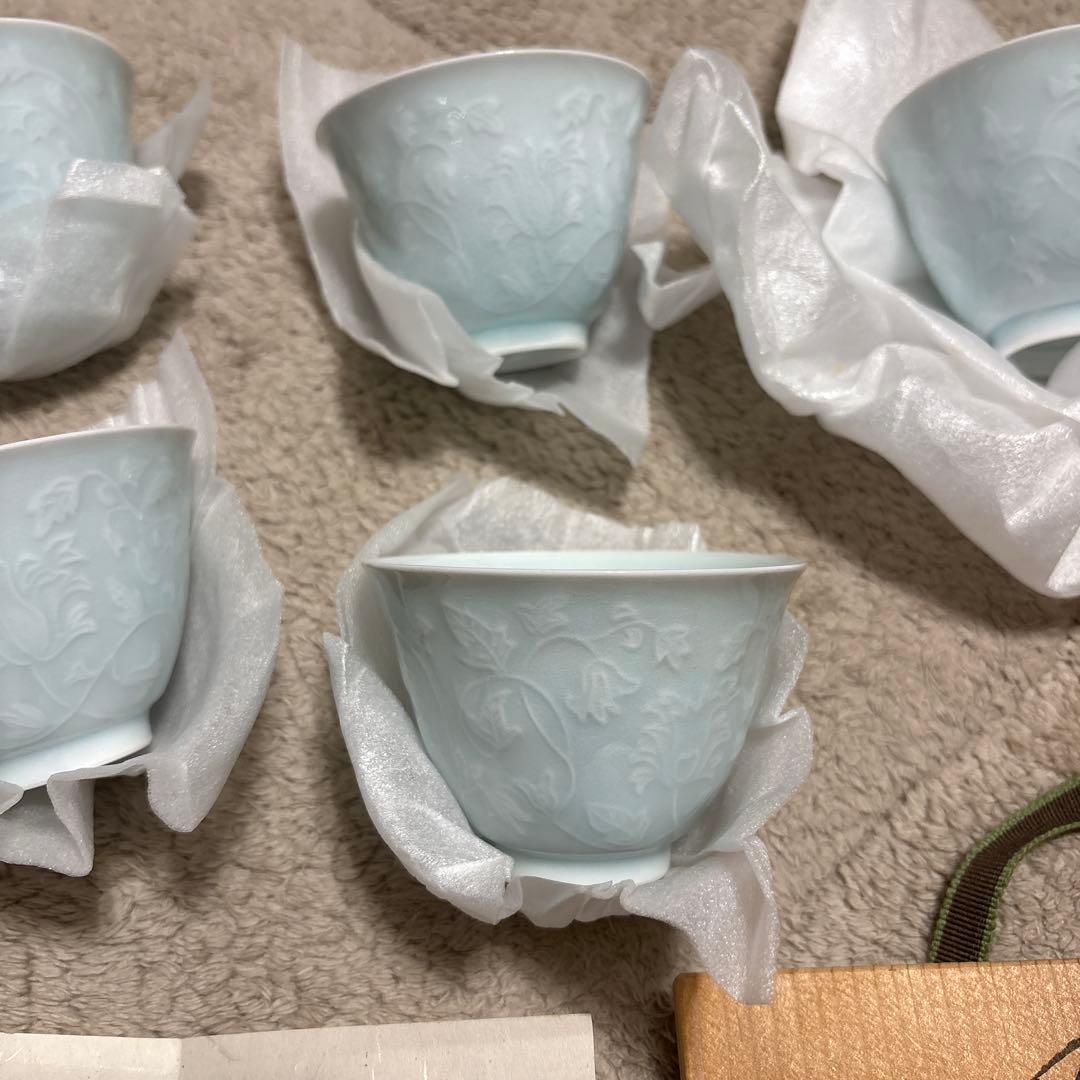 【人間国宝 塚本快示】快山窯 青白磁 波出花 汲出碗 5客 共箱付　美濃焼