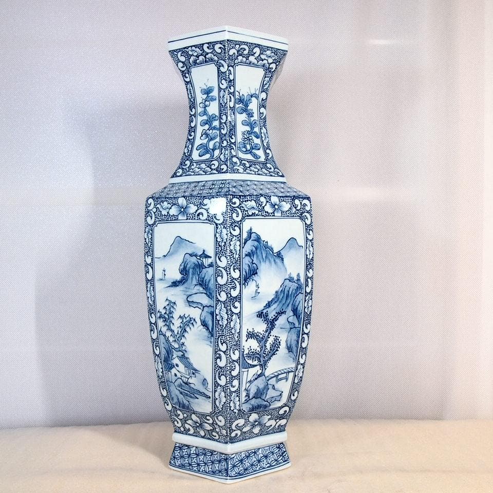 【未使用】中国 景徳鎮製 山水文 六角 花瓶/花器/フラワーベース 飾り壺 磁器