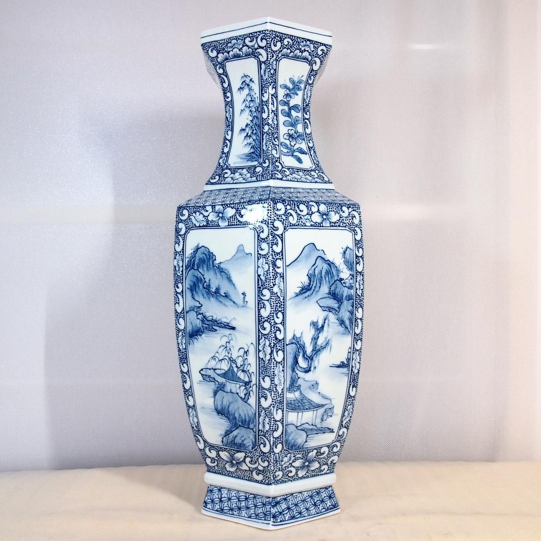 【未使用】中国 景徳鎮製 山水文 六角 花瓶/花器/フラワーベース 飾り壺 磁器