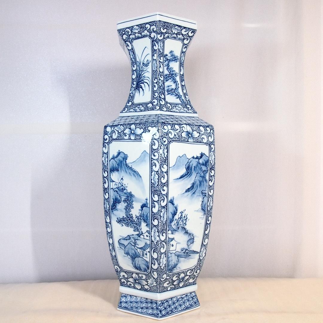 【未使用】中国 景徳鎮製 山水文 六角 花瓶/花器/フラワーベース 飾り壺 磁器