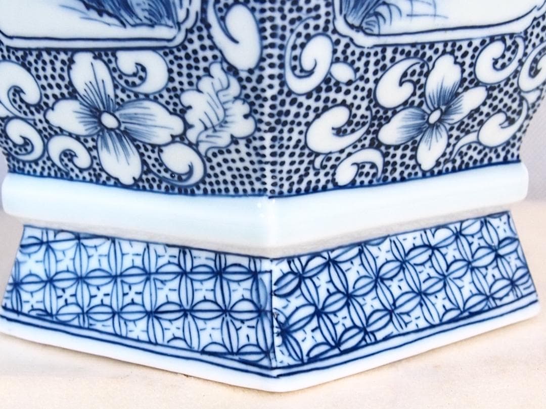 【未使用】中国 景徳鎮製 山水文 六角 花瓶/花器/フラワーベース 飾り壺 磁器