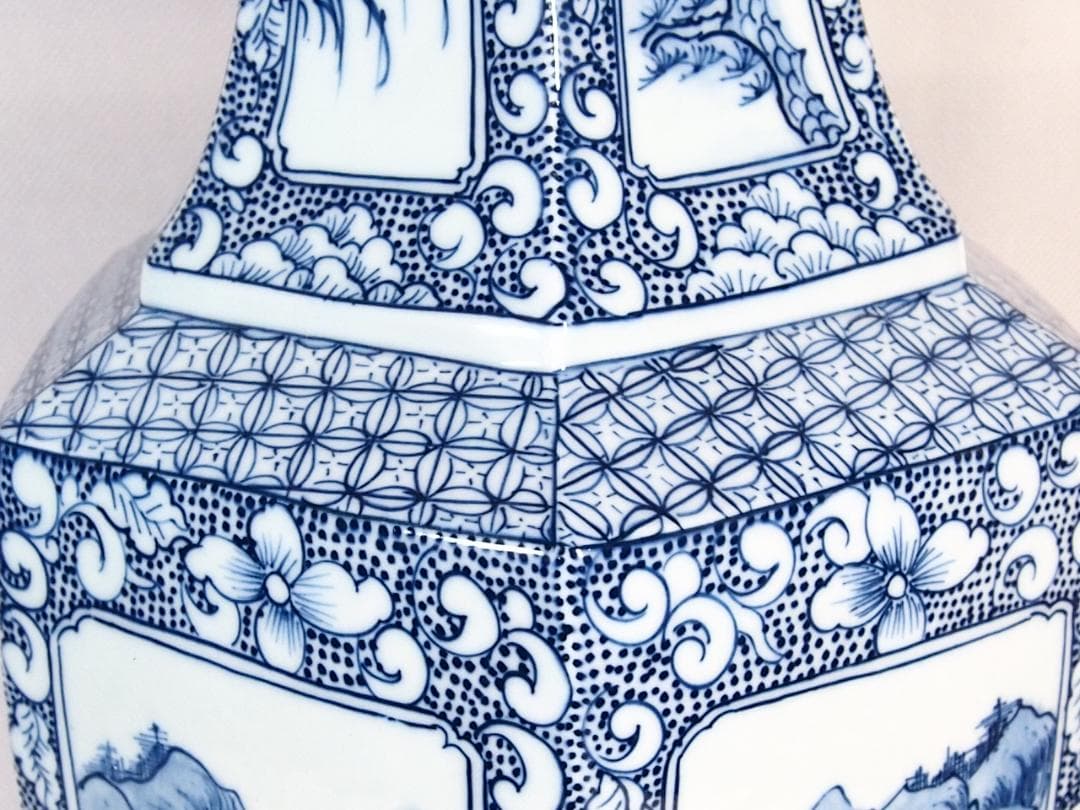 【未使用】中国 景徳鎮製 山水文 六角 花瓶/花器/フラワーベース 飾り壺 磁器