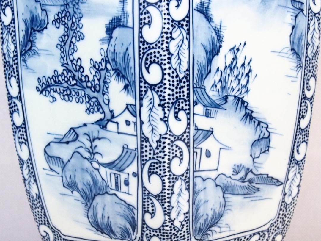 【未使用】中国 景徳鎮製 山水文 六角 花瓶/花器/フラワーベース 飾り壺 磁器