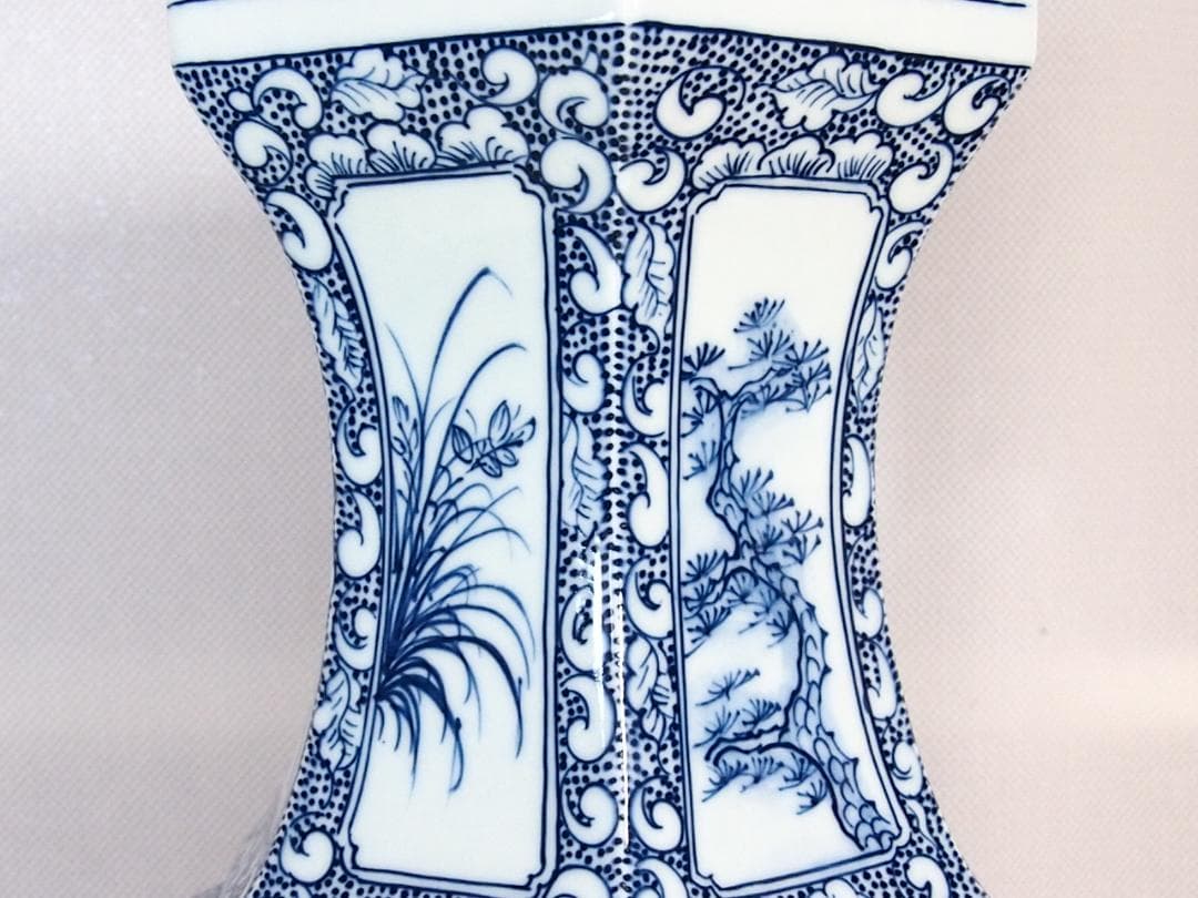 【未使用】中国 景徳鎮製 山水文 六角 花瓶/花器/フラワーベース 飾り壺 磁器