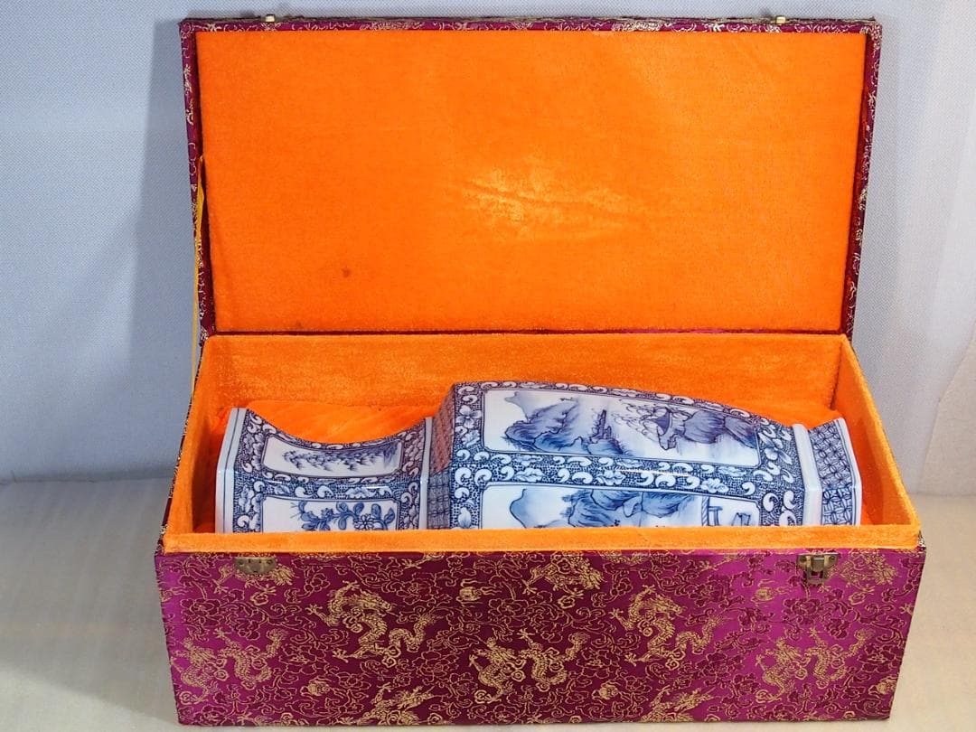 【未使用】中国 景徳鎮製 山水文 六角 花瓶/花器/フラワーベース 飾り壺 磁器