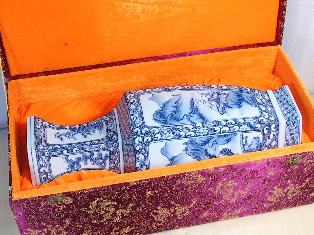 【未使用】中国 景徳鎮製 山水文 六角 花瓶/花器/フラワーベース 飾り壺 磁器