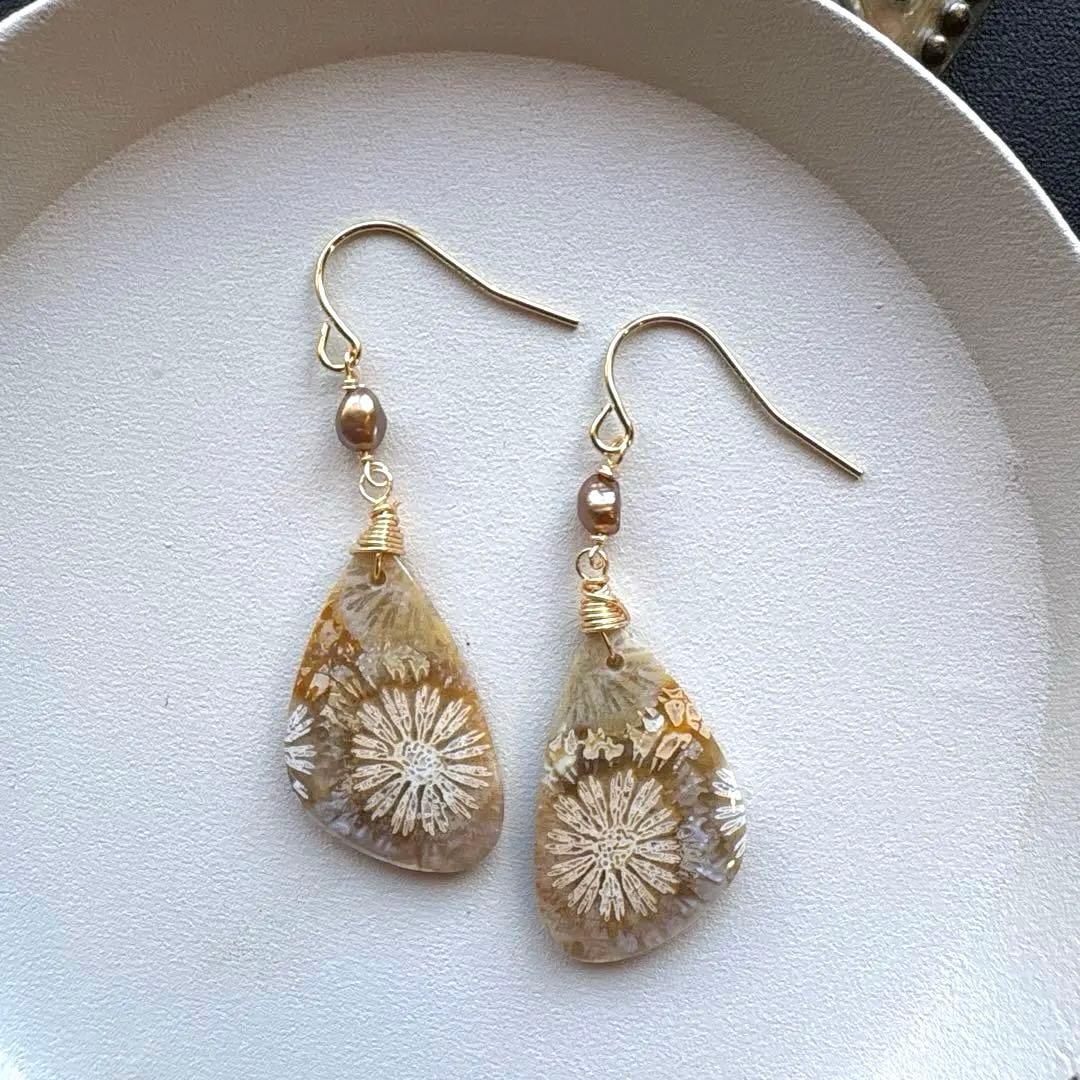 《ユウ様》フォッシルコーラル＆ピンクスノーフレークオブシディアン＊ピアス