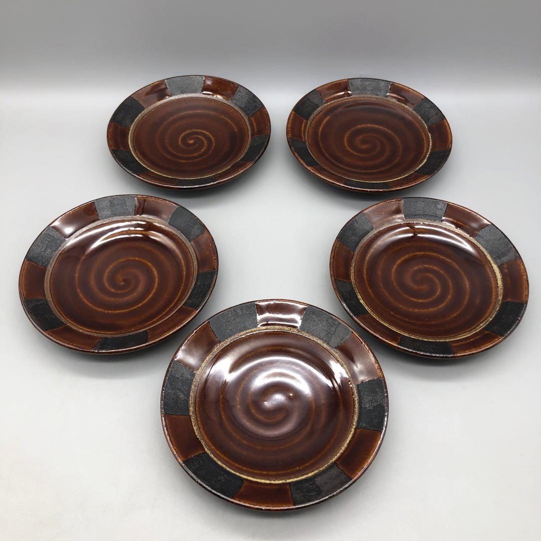 渦巻き市松模様デザイン陶器銘々皿プレート14cm5枚セットビンテージ伝統工芸食器