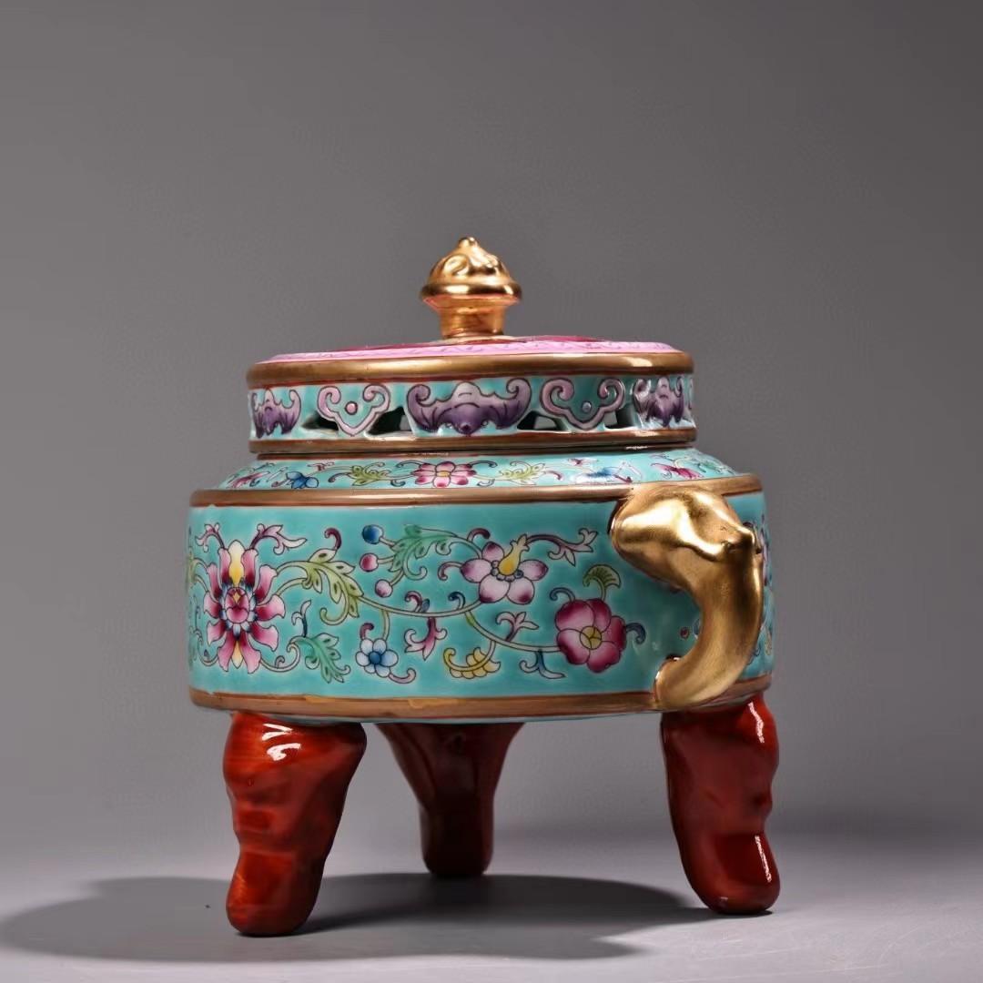 中国古美術・珍品旧蔵・七宝彩と鎏金磁器の熏香炉・純手描き・古陶瓷品・極細工・置物
