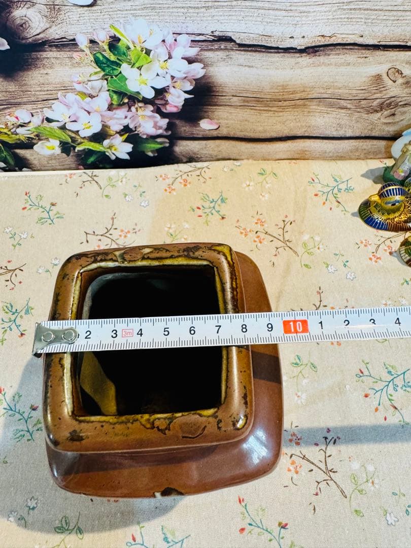 益子焼　名工　木村一郎 作　柿釉　草花文様扁壺　花入れ　茶道具　茶器　民芸　民藝