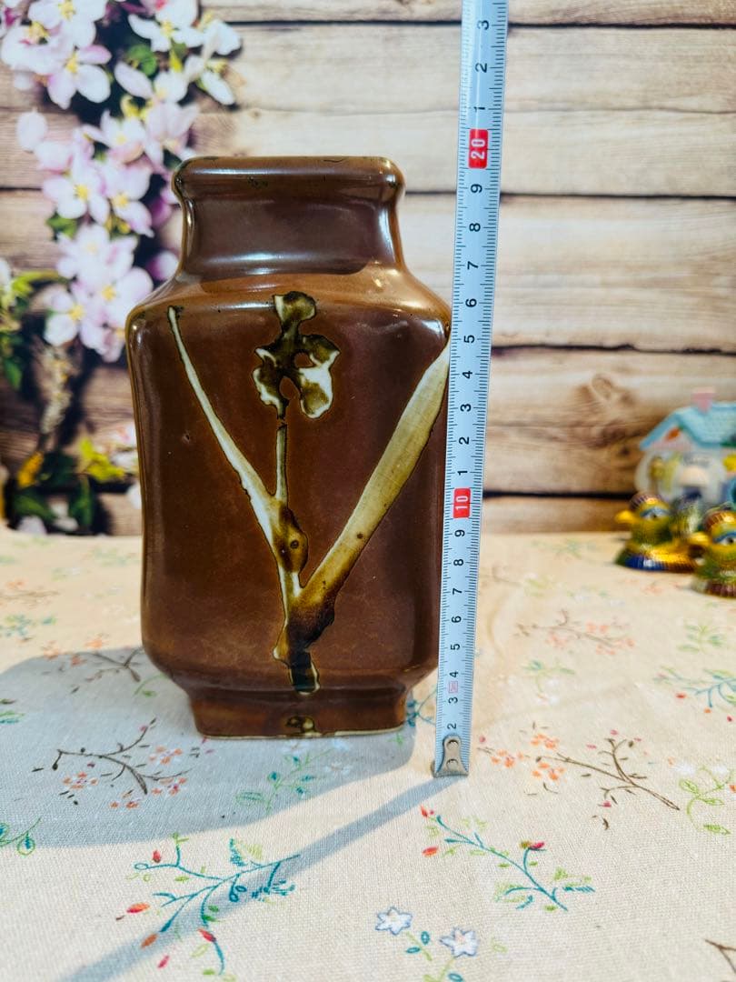 益子焼　名工　木村一郎 作　柿釉　草花文様扁壺　花入れ　茶道具　茶器　民芸　民藝